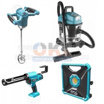   Dedra akkumulátoros gép szett burkoloknak keverőgép + sziló kinyomó + porszívó + lámpa   (akkuszett3)