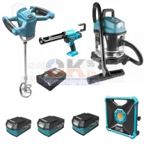   Dedra akkus szett  keverő+sziló kiny. + porszívó+lámpa + töltő+3 db akku (2×4Ah+1×5Ah)  (akkuszett3k)