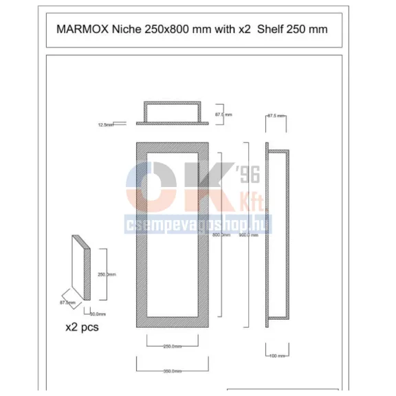 Csempézhető falfülke 250x800x84 Marmox Nis NV szigetelő mandzsettával (marnv2580)
